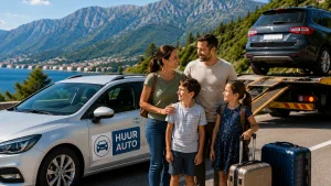 Gezin met huurauto op vakantie terwijl hun eigen auto na pech wordt afgevoerd door een berger