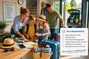 Gezin thuis bezig met inpakken en controleren van een vakantiecheck voordat zij op vakantie vertrekken