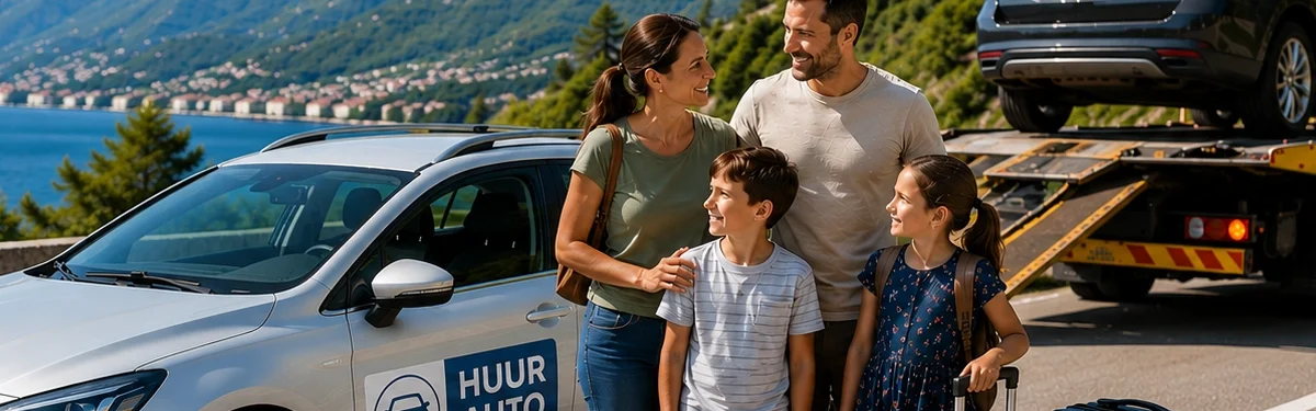 Gezin met huurauto op vakantie terwijl hun eigen auto na pech wordt afgevoerd door een berger
