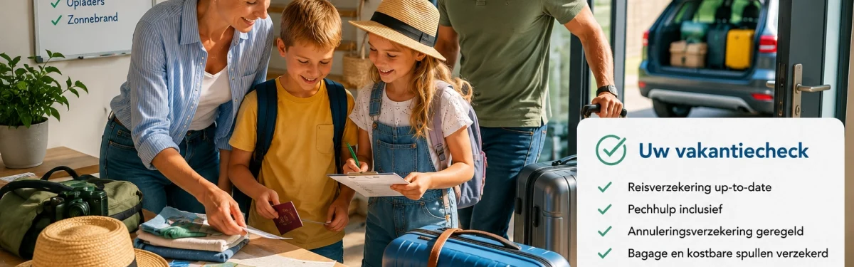 Gezin thuis bezig met inpakken en controleren van een vakantiecheck voordat zij op vakantie vertrekken